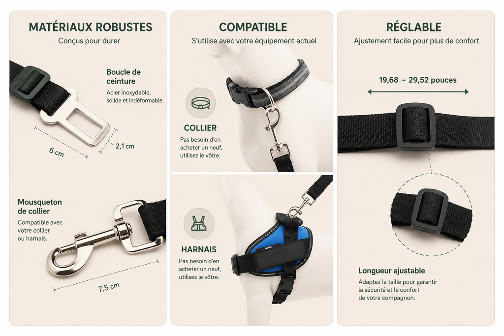 Ceinture de Sécurité Voiture pour Chien et Chat — Ajustable & Résistante