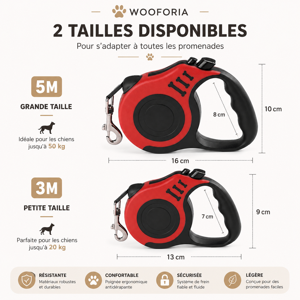 Laisse Rétractable pour Chien et Chat — 3 m ou 5 m, Nylon Résistant