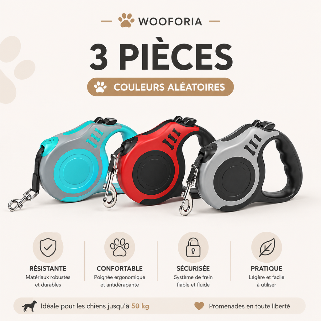 Laisse Rétractable pour Chien et Chat — 3 m ou 5 m, Nylon Résistant