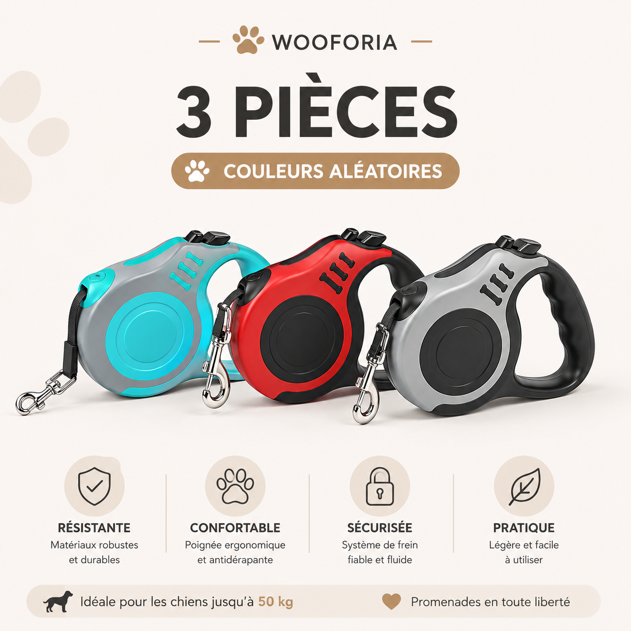 Laisse Rétractable pour Chien et Chat — 3 m ou 5 m, Nylon Résistant
