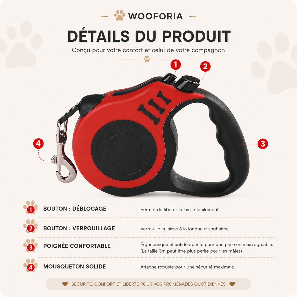 Laisse Rétractable pour Chien et Chat — 3 m ou 5 m, Nylon Résistant