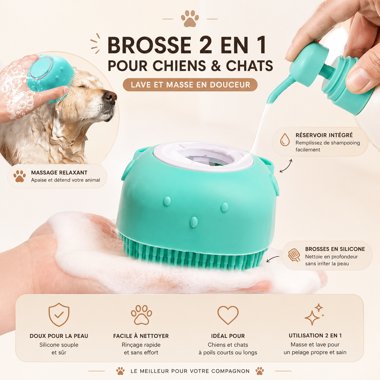 Brosse de Bain en Silicone pour Chien et Chat — Massage & Shampooing