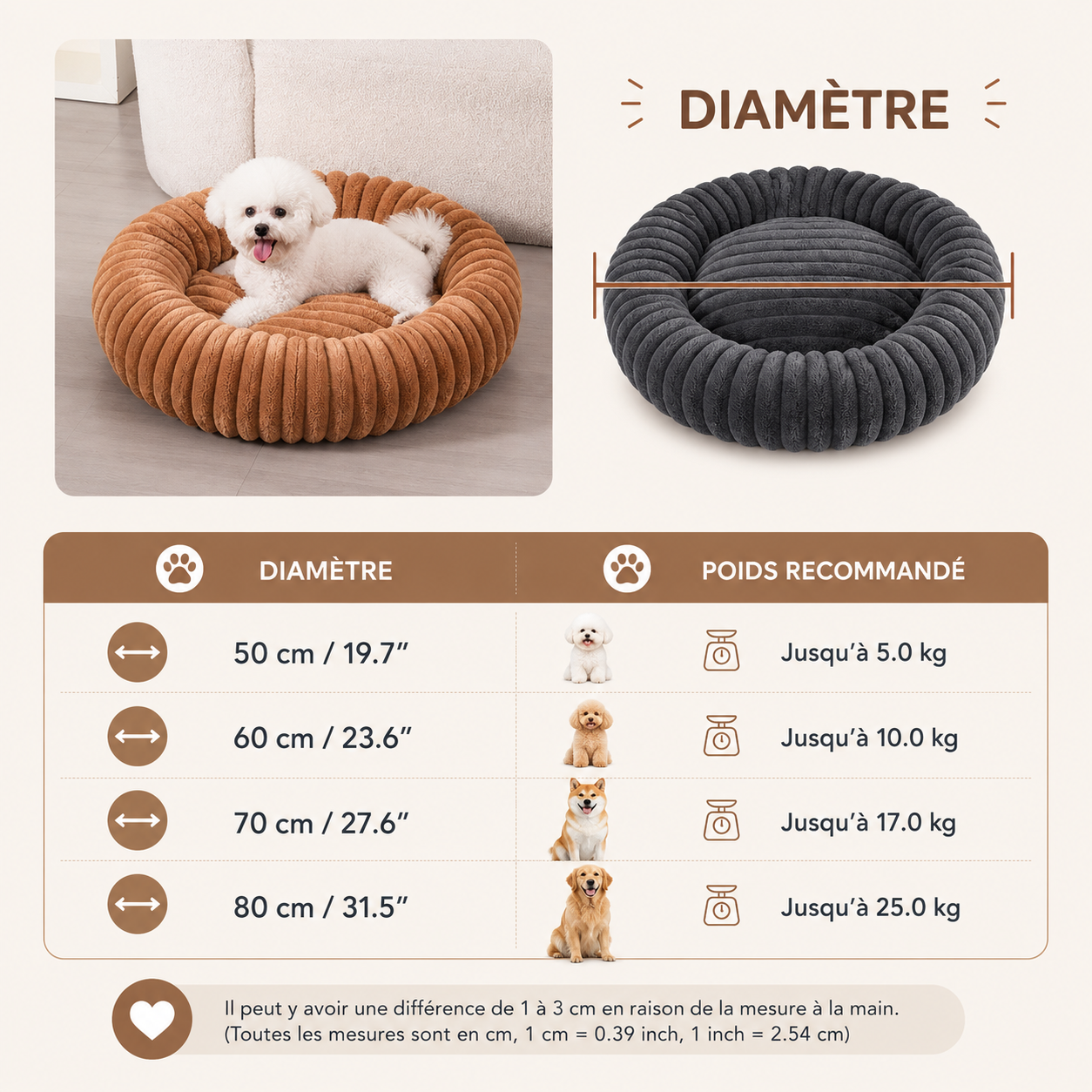 Corbeille Ronde Ultra-Douce pour Chien et Chat — Chaleur & Confort (40 à 90 cm)